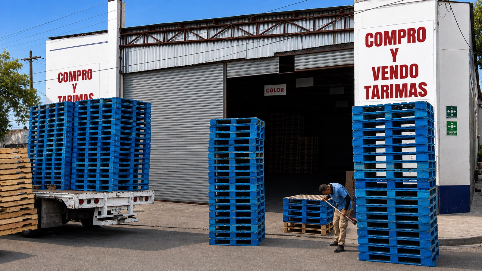 Fachada de la bodega de GS Palé en Monterrey con estibas de tarimas azules, camión de carga y letrero Compro y Vendo Tarimas